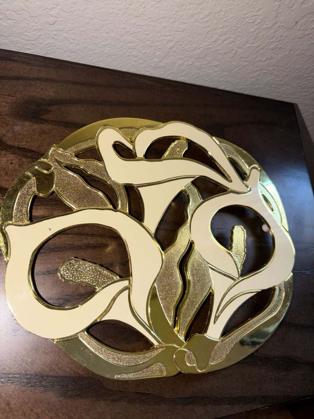 Vintage Gold Tone Silverplated and Cream Enamel Calla Lily Wall Hanging
